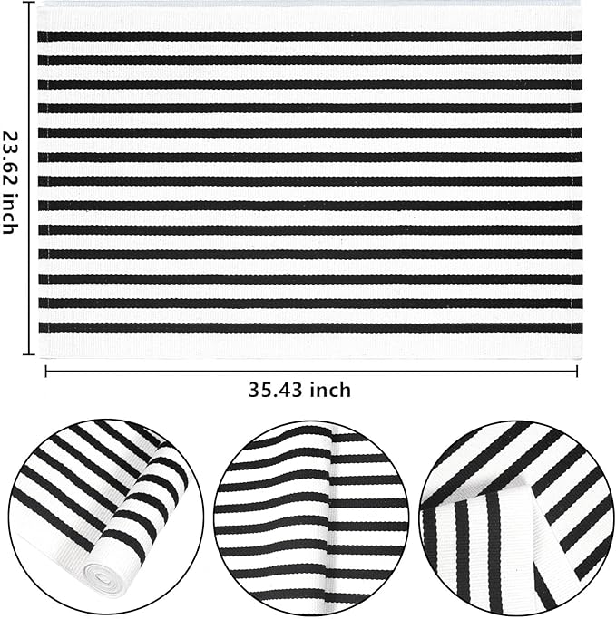 Striped Layered Doormat 24'' x 35'' Black and White Striped Rug Front Porch Machine Washable Indoor Outdoor Doormat for Front Porch Hand-Woven Entryway Mat for Laundry/Bathroom/Bedroom