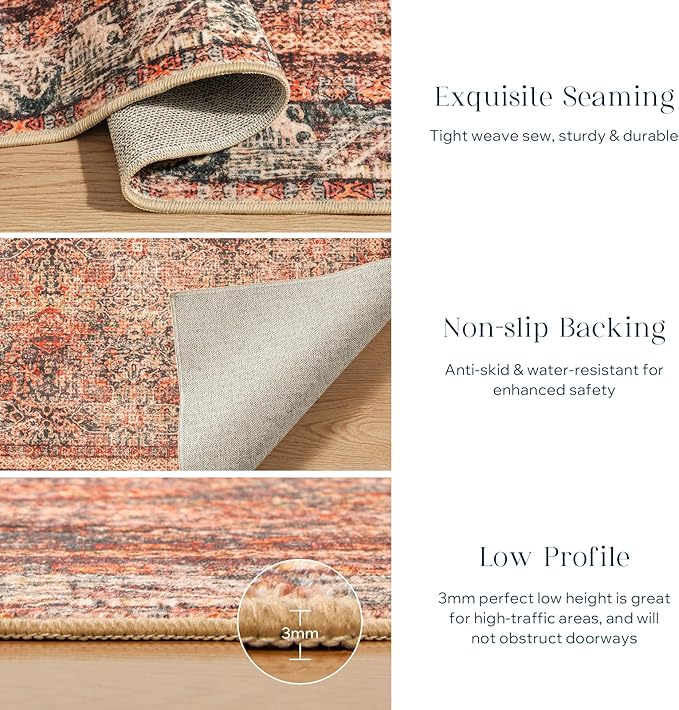 Phantoscope Hallway Runner Rug 2'x6' - Boho Washable Non-Slip Kitchen Rug Runner, Ultra-Thin Vintage Distressed Accent Throw R UG for Entryway Laundry Bathroom Bedroom, Brick Red/Black