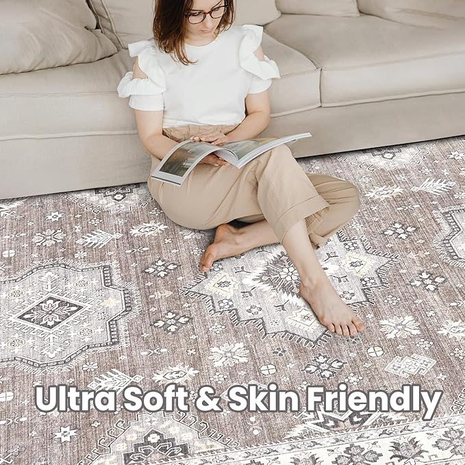Washable Area Rugs for Living Room -10x14 Neutral Vintage Distressed Floral Farmhouse Boho Large Soft Floor Rug Indoor Non Slip Carpet for Living Room Bedroom Dining Room Office - Dark Brown