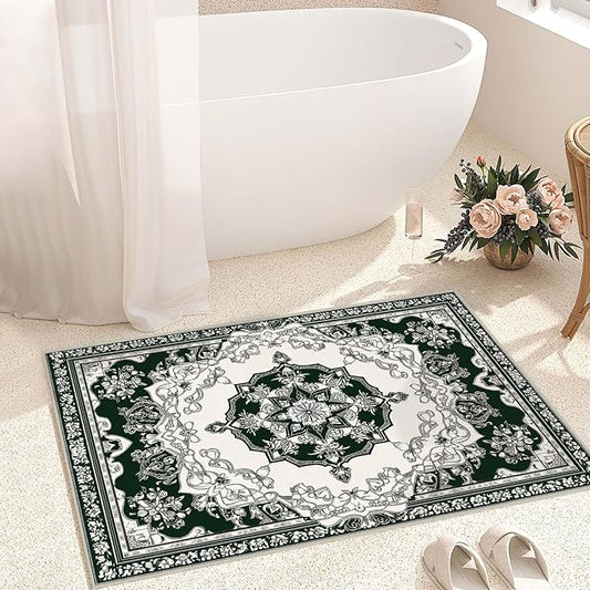 2x3 Area Rug Machine Washable Entryway Rugs White Green Vintage Boho Rug Non-Slip Low Pile Door Mat Entrance Small Carpet for Home Kitchen Bathroom Bedroom