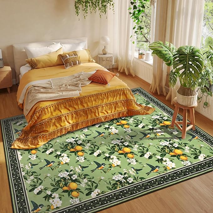 ASPMIZ Green Floral Area Rug 5x7 Rug for Living Room Vintage Washable Rugs for Bedroom Non Slip Soft Low Pile Lemon Throw Rugs for Dining Room Nursery Kitchen Entryway Laundry Office (Sage Green)