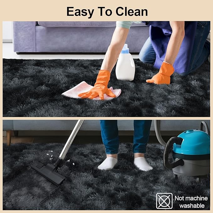 2x3 Rugs for Bedroom, Fluffy Area Rugs for Living Room, Soft Shag Kids Rug Small Carpet with 4 Non-Slip Rug Pads (Black Grey Tie-Dyed, 2ft x 3ft)