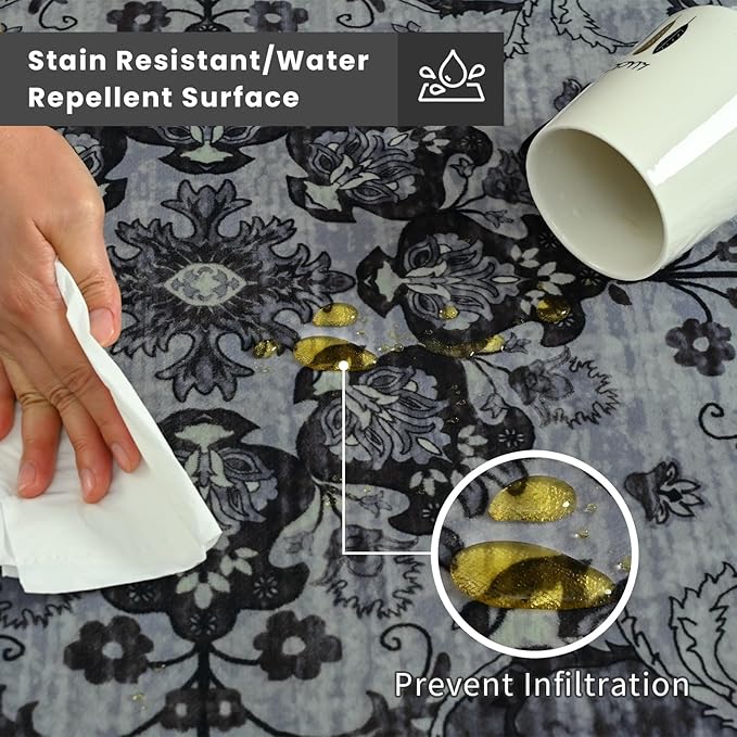Vasofe 4x6 Area Rugs for Living Room, Machine Washable Low-Pile Carpet Rug for Bedroom, Vintage Floral Print Indoor Floor Rug for Dining Room Office Nursery Dorm Kids Room Bedside Decor, Black/Grey
