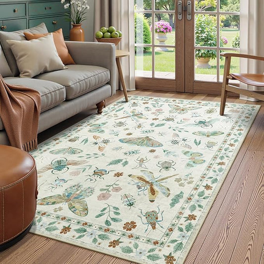 Beeiva Insect Print Rug 5x7, Washable Throw Rugs for Bedroom, Non Slip Soft Low Pile Ultra Thin Foldable Carpet for Office, Kids Room, Playroom, Nursery, Living Room - Beige