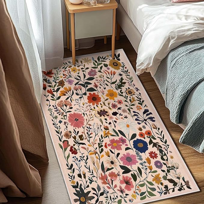 3x5 Entryway Rug Boho Floral Area Rug Bedroom Bedside Ultra-Thin Soft Small Carpet Bathroom Non Slip Indoor Entrance Low Pile Door Mat Kitchen Stain Resistant Washable Machine
