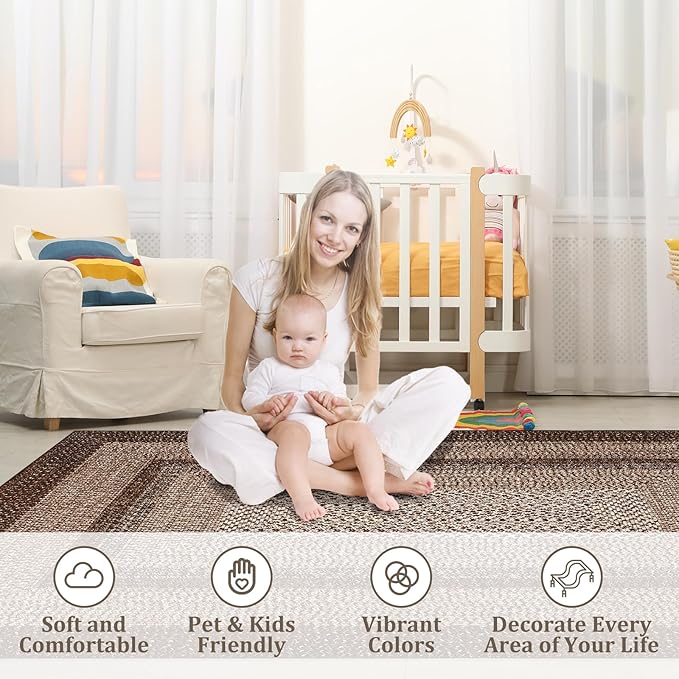 Printed Living Room Rug 3x5 Washable Rug for Bedroom Modern Farmhouse Braid Look Non Slip Small Area Rug Soft Low Pile Stain Resistant Carpet for Office Nursery Dining Room 3'x5'