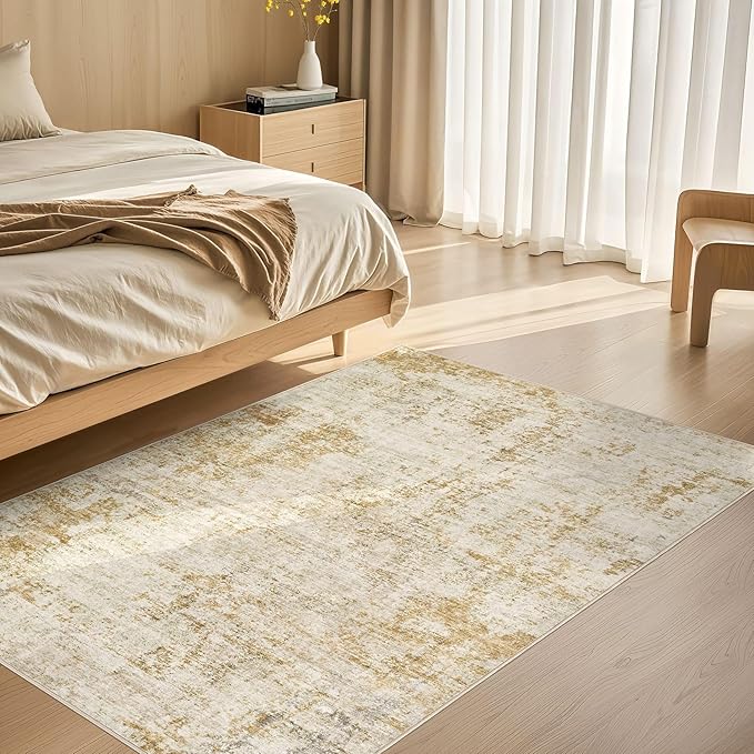 3x5 Area Rug Living Room Rugs - Washable Neutral Modern Abstract Soft Thin Rug Indoor Floor No Slip Rug Carpet for Bedroom Under Dining Table Home Office Decor - Golden Brown
