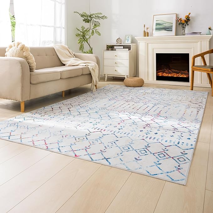 Carvapet Rugs for Living Room Bedroom, Colorful Boho Low Pile Large Carpet with Rubber Backing, Foldable, Non Slip Machine Washable (9 x 6 Feet Rectangular, Colorful Area Rug)