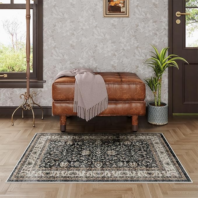 Dripex 2x3 Area Rugs, Machine Washable Non Slip Boho Rugs,Distressed Small Entryway Rug Doormat, No Pile Lightweight Vintage Rug, Floor Carpet for Front Entrance Kitchen Bathroom,Blue and Brown