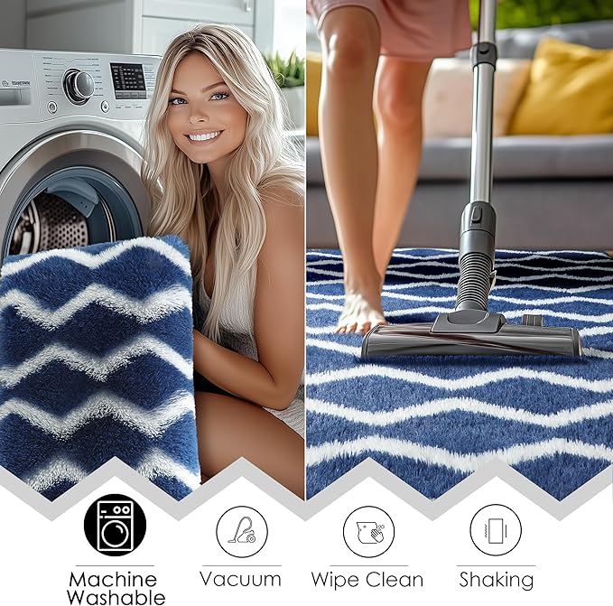 RUGTUDER Fluffy Rugs for Bedroom, 4x6 Washable Shag Striped Rug Fuzzy Plush Rug for Living Room, Chevron Pattern Soft Shaggy Area Rug for Kids Boys Room Teen Dorm Classroom Decor, Navy Blue and White