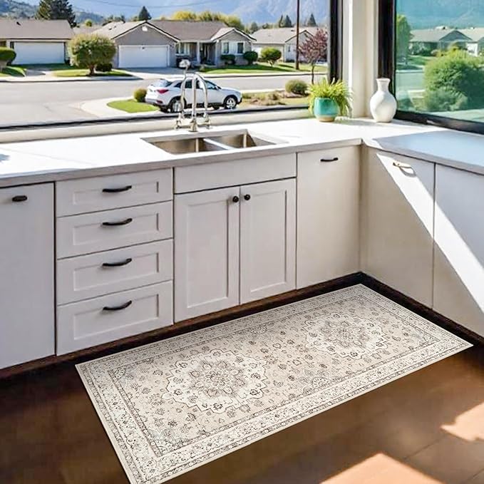 Washable Hallway 2x5 Runner Rugs: Oriental Non-Slip Kitchen Carpet Distressed Low Pile Indoor Rug for Bedroom Entryway Vintage Soft Non Shedding Floor Mat for Living Room Bathroom (2x5,Cream/Beige)