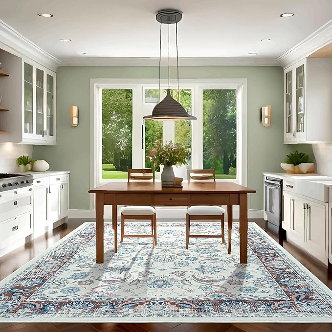 Area Rugs for Living Room, 4x6 Washable Rugs for Bedroom, Non-Slip Floral Carpet for Entryway Office Kitchen Dining Room, Brown and White