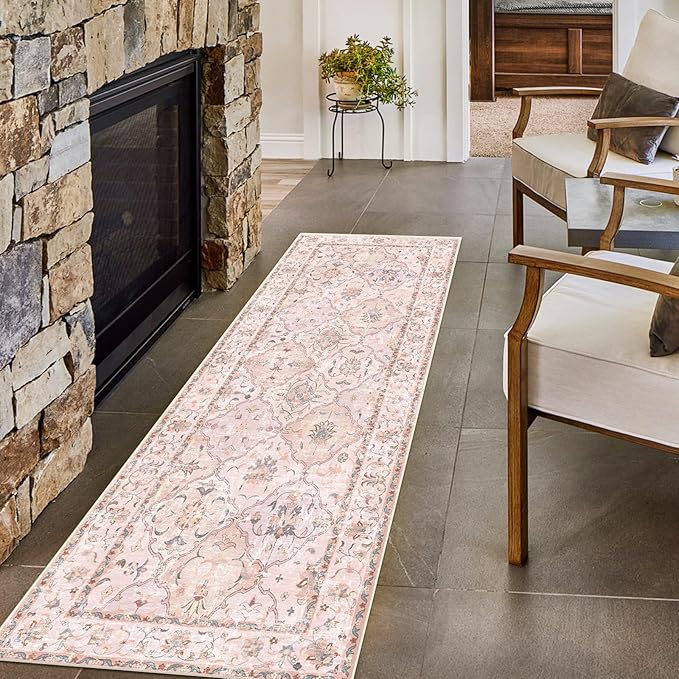 Boho Vintage Area Rugs 2×6 Washable Non-Slip Traditional Pink Runner Rug for Hallway Kitchen Entryway