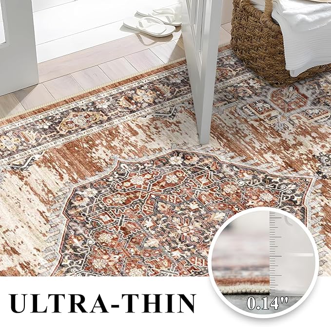 YOUFORTONG Area Rug 3x5 for Living Room: Soft Ultra Thin Low Pile Mat Machine Washable Indoor Doormat Lightweight Entry Rug Anti Slip Backing Rugs for Bedroom Kitchen 3'x5' Brick