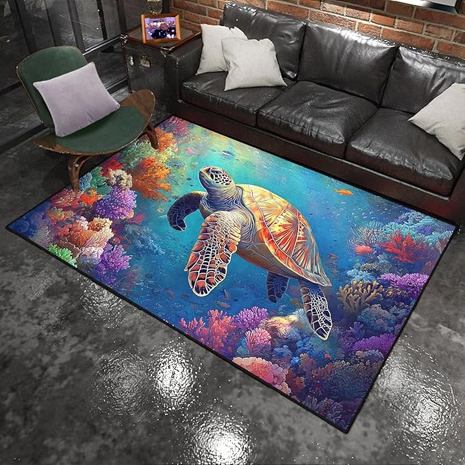 Sea Turtle Coastal Rug - Kids Sea Turtle Rugs for Bedroom Ocean Life Theme, 80" L x 58" W