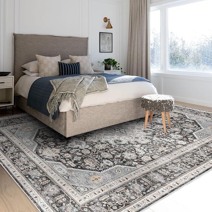 Washable Area Rug 8x10 - Bedroom Living Room Large Indoor Rugs Soft Oriental Vintage Rugs Non-Slip Backing Stain Resistant for Farmhouse Kitchen (Slate Grey/Black 8x10)