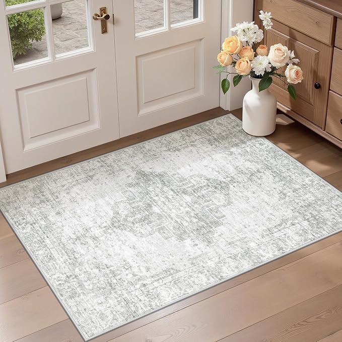 Vintage Washable Area Rugs 2x3: Small Entryway Rug with Non-Slip Backing Low Pile Rugs Soft Indoor Floor Thin Carpet Neutral Carpets for Bedroom Kitchen Laundry Under Dining Table Gray/Ivory