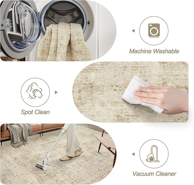 Washable Area Rug 8x10, Large Soft Rugs for Living Room Vintage 8x10 Area Rugs for Bedroom Dining Room Floral Non-Slip Thin Brown Rug