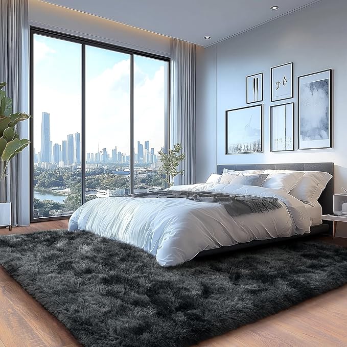 Shaggy Soft Fluffy Rug Non-Slip Indoor Floor Carpet for Living Room Anti-Skid Indoor Carpet Tie-Dyed Black Grey 5x7 Feet
