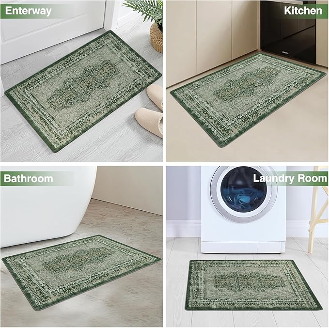 2x3 Small Washable Non-Slip Vintage Chenille Area Rug,Low Pile Distressed Floral Carpet for Entryway Kitchen, Boho Farmhouse Stain Resistant Indoor Rug