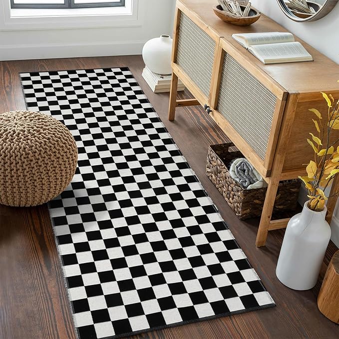 Seavish Checkered Rug 2x6 Ft Black and White Hallway Runner Rug Washable Indoor Outdoor Entryway Runner Rug Checkerboard Rug Reversible Area Rugs for Bedroom Bathroom Laundry Room Kitchen