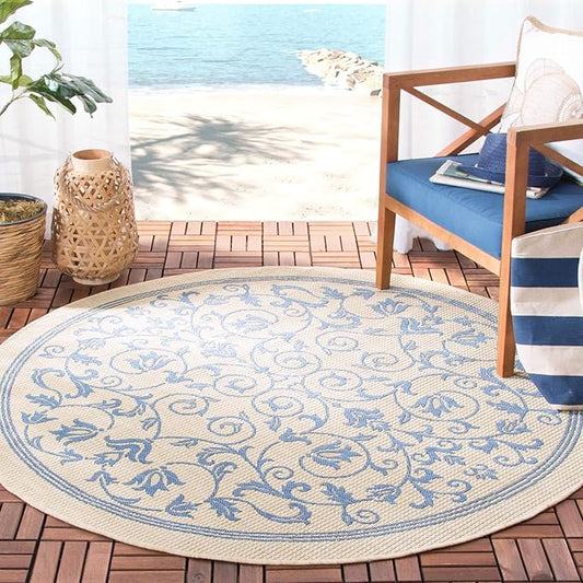 SAFAVIEH Courtyard Collection Area Rug - 6'7" Round, Natural & Blue, Scroll Design, Non-Shedding & Easy Care, Indoor/Outdoor & Washable-Ideal for Patio, Backyard, Mudroom (CY2098-3101)