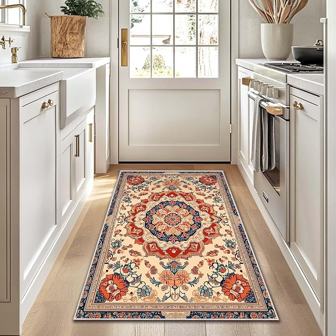 3x5 Entryway Rug Boho Orange Blue Area Rug Indoor Entrance Non Slip Door Mat Stain Resistant Washable Machine Soft Low Pile Small Carpet Bathroom Kitchen