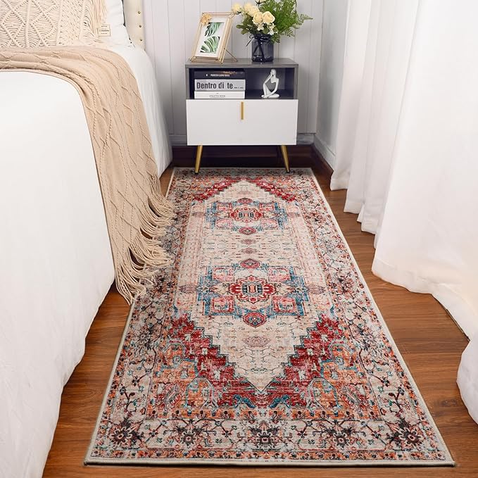 YJ.GWL Area Rug 2x6, Machine Washable Hallway Runner Rug, Boho Floral Vintage Distress Print Pattern Carpet, Low Pile Lightweight Thin Rugs for Entryway, Kitchen and Corridor, Orange