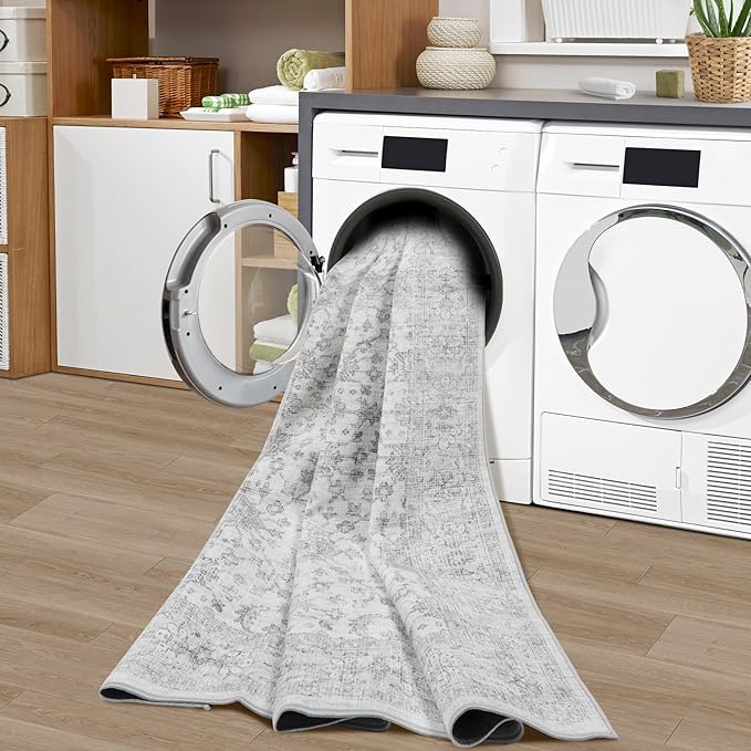 Washable Rugs 8x10 Area Rugs, Soft Vintage Living Room Rug with Anti-Skid Backing Stain Resistant Thin Indoor Carpet Large Area Rug for Bedroom Under Dining Room Table Nursery Entryway-Light Gray