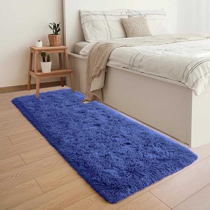 YJ.GWL Fluffy Runner Rugs for Bedroom Living Room Soft Shag Rug 2x6 Feet, Light Navy Plush Carpet Non Slip for Nursery Dorm, Fuzzy Bedside Rug for Kids Boys Room Home Decor