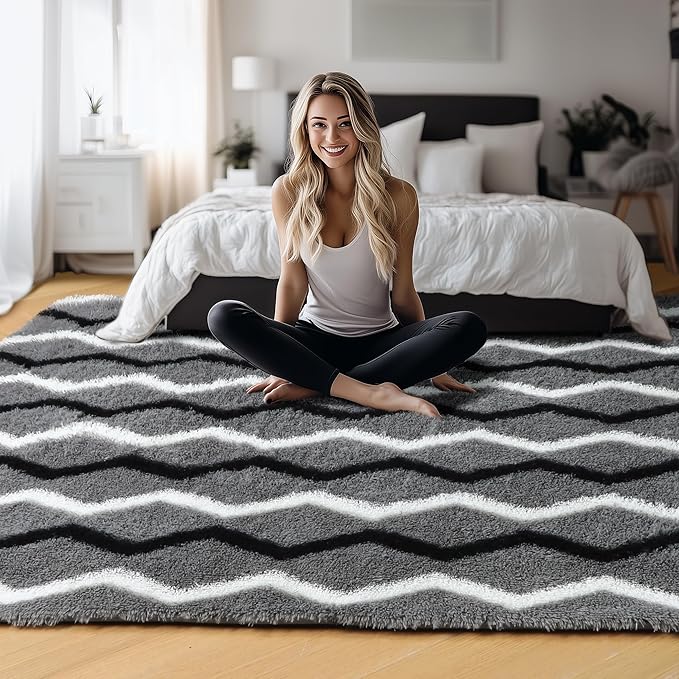 RUGTUDER Washable Fluffy Rugs for Living Room, 5x8 Fuzzy Plush Soft Shag Striped Rug, Large Shaggy Floor Carpets Chevron Geometric Rug for Bedroom Playroom Boys Kids Room Dorm Decor, Black Grey White