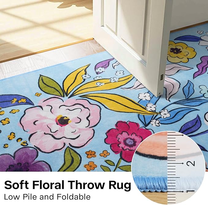 ST. BRIDGE Blue Runner Rug 2x6, Washable Rug Runners for Hallway Entryway Bedroom, Non-Slip Low Pile Boho Floral Throw Rugs Soft Faux Wool Floor Carpet for Kitchen, Bathroom, Laundry