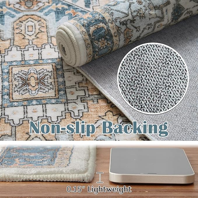 jinchan Area Rug 5x7 Entryway Washable Rug Soft Thin Vintage Low Pile Non Slip Distressed Carpet Indoor Doormat Oriental Medallion Rug for Bedside Bathroom Bedroom Laundry Room Dining Room Blue Multi