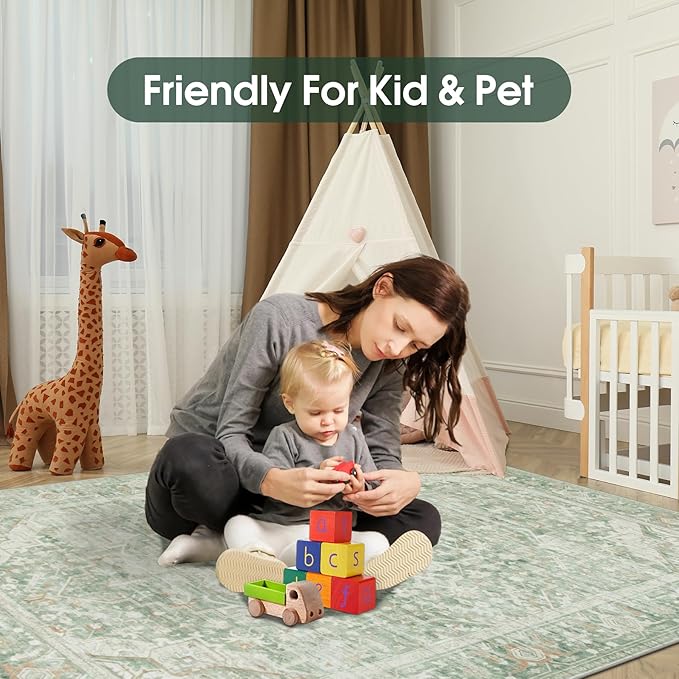 Washable Rugs 8x10 Area Rugs, Soft Vintage Living Room Rug with Anti-Skid Backing Stain Resistant Thin Indoor Carpet Large Area Rug for Bedroom Under Dining Room Table Nursery Entryway-Green