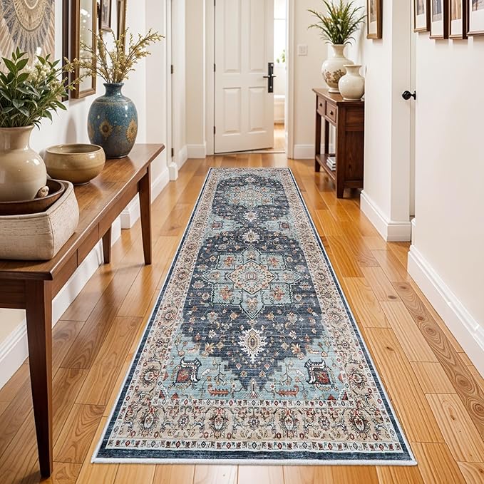 Washable Oriental Hallway Runner Rug - 3x8 Rugs for Living Room Soft Carpet for Bedroom Kitchen Waterproof Floral Distressed Indoor Stain Resistant Non-Shedding Floor Carpets (Blue/Teal/Orange, 3X8)