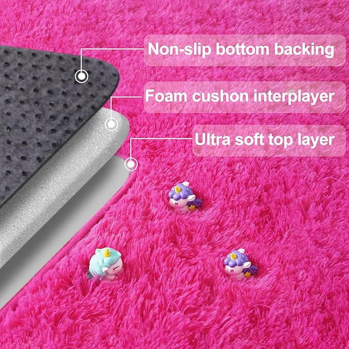 2x3 Rug for Bedroom, Fluffy Area Rugs for Living Room, Small Soft Shag Fuzzy Shaggy Carpets for Kids Boys and Girls Dorm with 4 Non-Slip Rug Tapes for Room Home Decor (2ft x 3ft, Hot Pink)