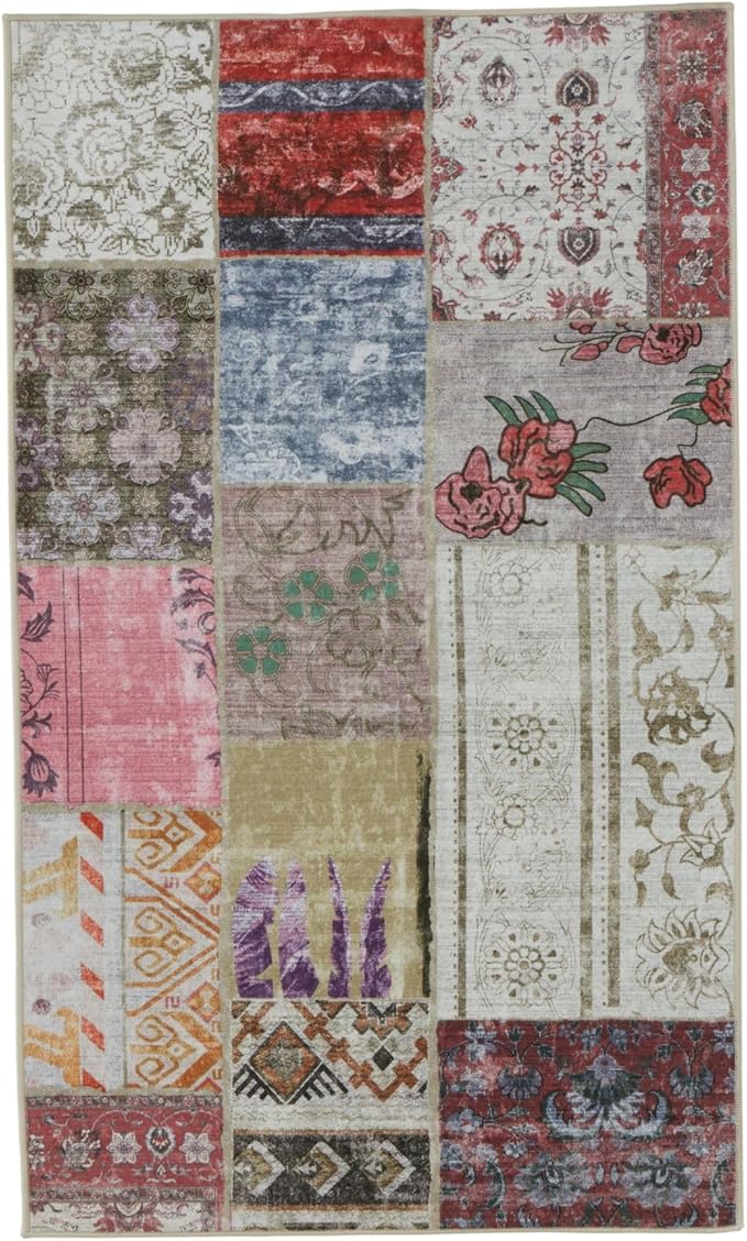 Washable Patchwork Runner Rug with Faux Wool Fabric and Non-Slip Backing for Living Room, Bedroom, Hallway, Printed Boho Floor Decoration Stain-Resistant Foldable Mat (Multi, 2'6" x 10')