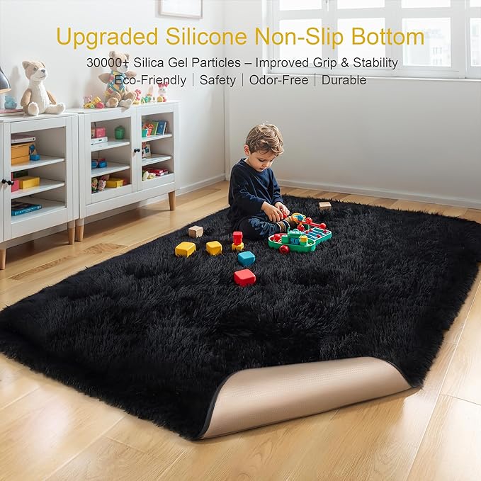 Thick Area Rug Black Fluffy Shag 6x9 for Bedroom, Ultra Soft Plush Shaggy Fuzzy Washable Carpet, Modern Thickened Non-Slip Cozy Furry Rug for Living Room Kids Baby Nursery, and Dorm