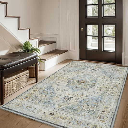 AMOAMI-3X5 Area Rug-Soft Washable Rug for Living Room Bedroom -Non Slip Entryway Rug-Indoor Vintage Throw Rug Accent Rug for Living Room Laundry Room Kitchen Bathroom Bedside Aqua