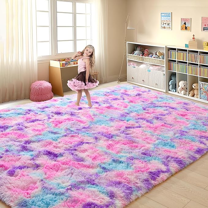 Tepook Soft Rainbow Rug for Girls Room 6x9 Feet, Cute Fluffy Girls Bedroom Area Rug, Shaggy Princess Rug Colorful Carpet for Kids Teens Toddler Playroom Nursery Reading Nook, Hot Pink