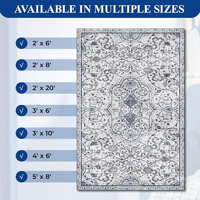 SALLOUS Vinyl Floor Mat for Home, 4x6ft Area Rug for Living Room, Non-Slip Waterproof Floor Mat for Bedroom, Washable Area Mat for Kitchen, Bathroom, Entryway (Grayish Blue Bohemian-Style)