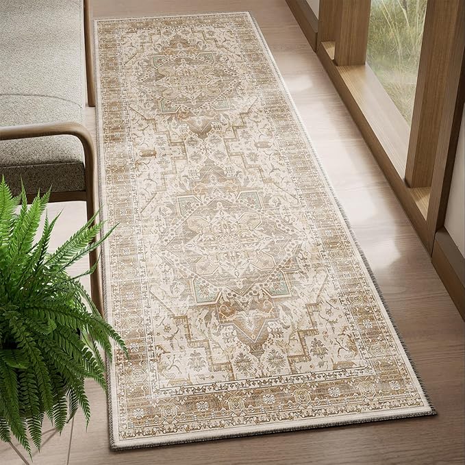 2x3 Area Rug Boho Machine Washable Living Room Rug Non Slip Low Pile Vintage Print Distressed Soft Carpet for Bedroom Diningroom Neutral Brown/Beige/Pink/Green