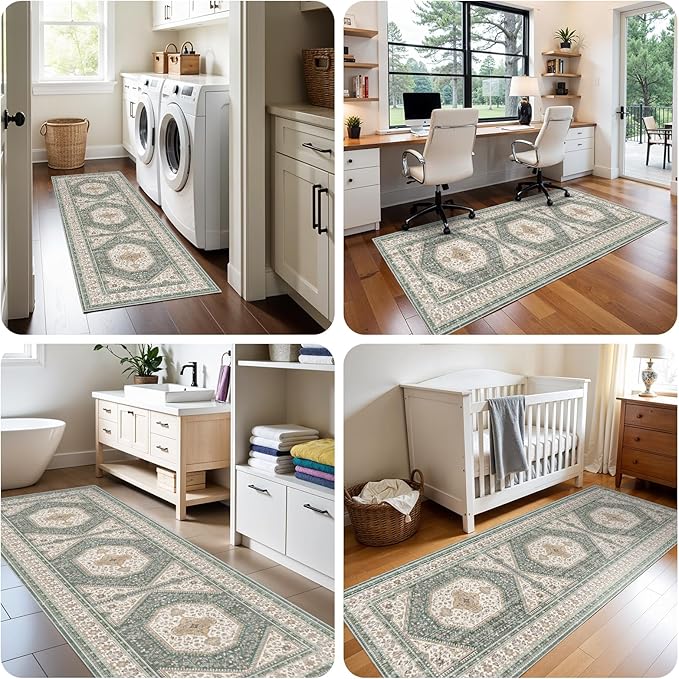 2x5 Runner Rug for Hallway Washable: Non Slip Kitchen Rugs with Rubber Backing Soft Waterproof Mats Stain Resistant Indoor Vintage Carpet Runner for Bedroom Bathroom Laundry Entryway Green/Beige