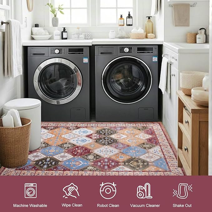 2x6 Washable Kitchen Runner Rug, Brown Boho Non-Slip Bedroom Rugs, Moroccan Floral Trellis Hallway Carpet Soft Low Pile Vintage Indoor Mat for Entryway Bedside Bathroom