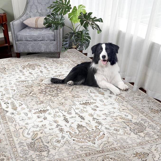 8x10 Area Rug, Vintage Washable Area Rugs, Non-Slip Rug for Bedroom, Distressed Soft Modern Low-Pile Carpet Stain Resistant, Dining Home Decor Office Boho Rug Brown…