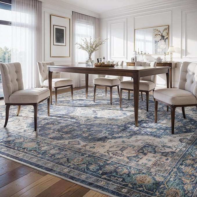 AMOAMI-3X5 Area Rug-Soft Washable Rug for Living Room Bedroom -Non Slip Entryway Rug-Indoor Vintage Throw Rug Accent Rug for Living Room Laundry Room Kitchen Bathroom Bedside Blue