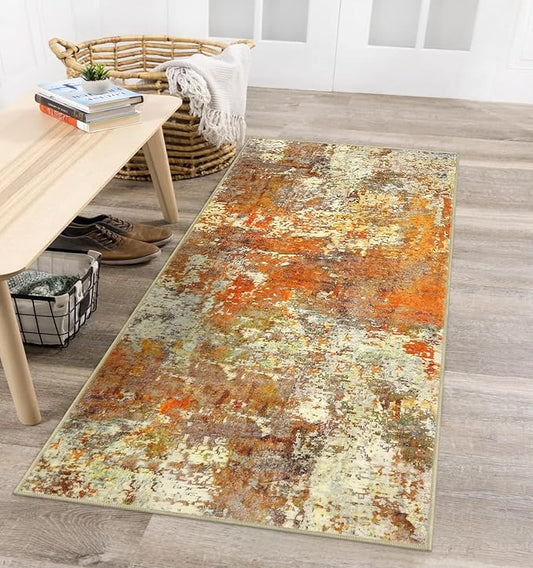 Lahome Modern Abstract Runner Rug - 2x4.3 Washable Kitchen Soft Laundry Room Rugs Bathroom Mat, Contemporary Non Slip Indoor Throw for Entryway Living Room, Yellow/Gold/Cream 2' x 4.3'