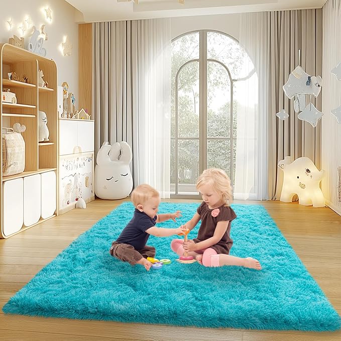 4x6 Rugs for Living Room, Large Fluffy Area Rugs for Bedroom, Soft Carpet Shag Kids Rug with 4 Non-Slip Rug Pads (Turquoise Blue, 4ft x 6ft)
