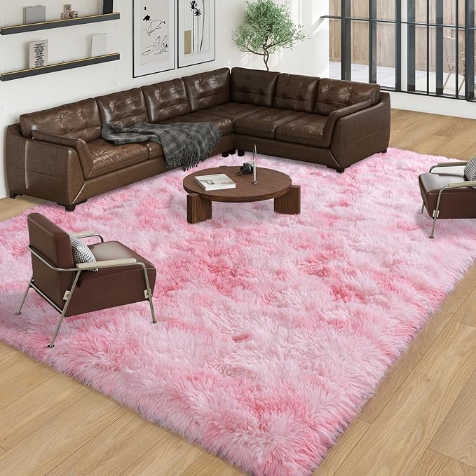 Large Area Rugs 9x12 Living Room, Plush Thick Carpets for Boy and Girls Room, Modern Soft Shag Rug for Bedroom, Non Slip, Indoor Carpet for Nursery Dorms Home Decor Aesthetic, Pink