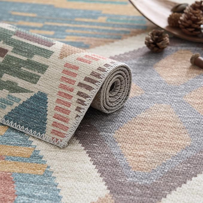 jinchan 5x7 Kids Washable Area Rug Geometric Moroccan Faux Jute Indoor Nursery Rug Non-Slip Colorful Modern Carpet for Playroom Kids Room Living Room Bedroom Laundry Room Boho Blue